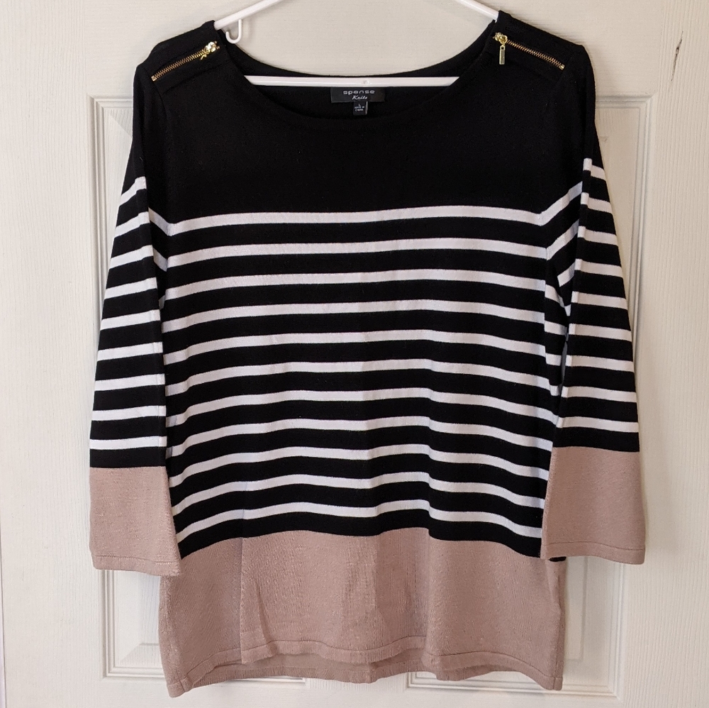 Black & white striped sweater w/tan hem & cuffs